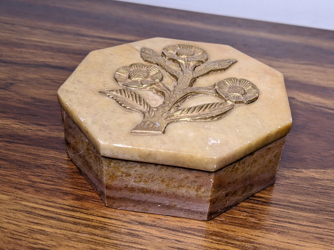 Vintage Soapstone Trinket Box, Octagonal With Brass Floral Adornment Etsy