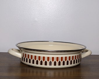 May include: A white enamel baking dish with brown and orange geometric pattern. The dish has two handles and a silver rim.