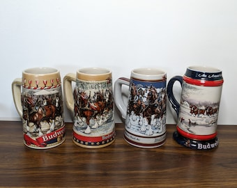 SOLD INDIVIDUALLY Vintage Christmas Collector's Budweiser Steins, 1986, 1988, 1989, 1990