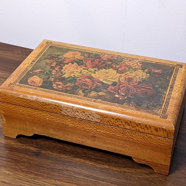 Vintage Wooden Storage Box with Floral Decoupage Image