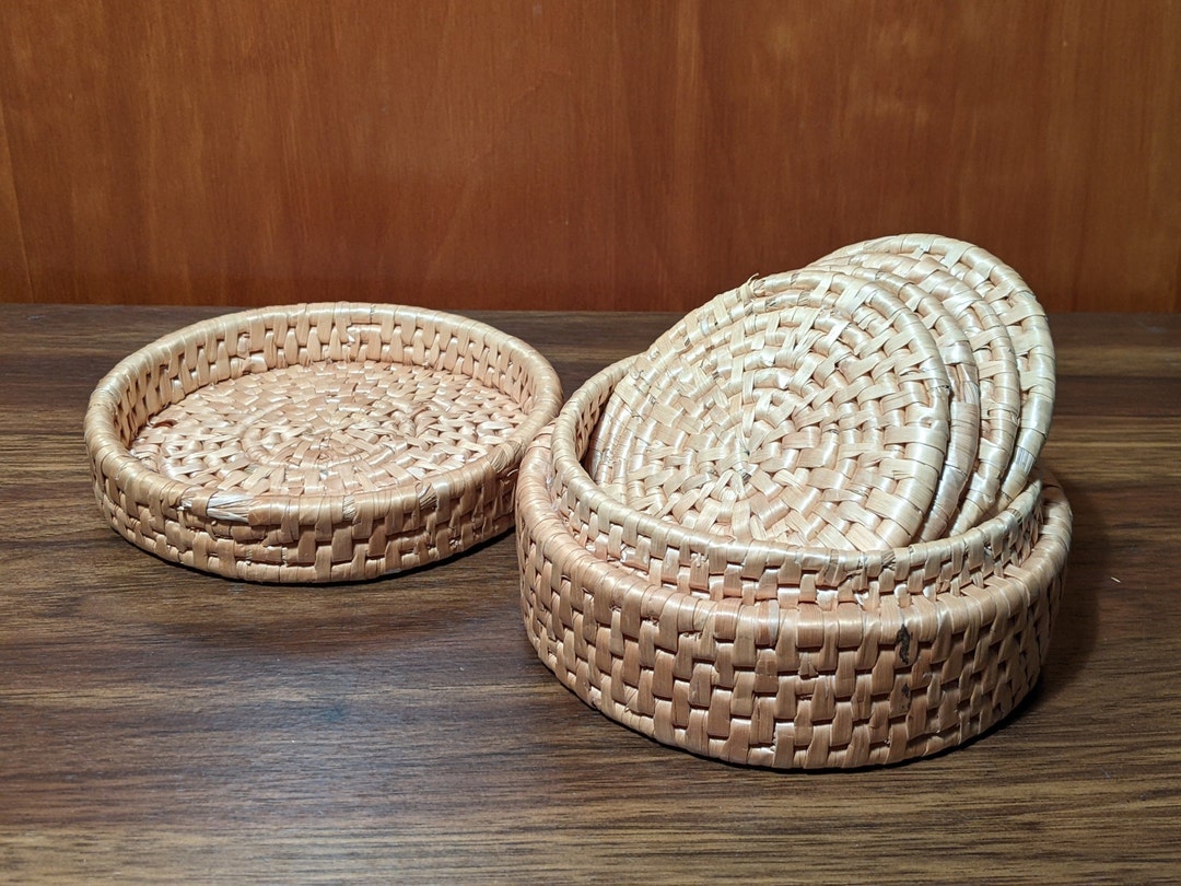 SET of 4 Vintage Woven Rattan Coasters in Round Caddy Container With ...