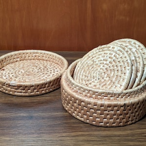 SET of 4 Vintage Woven Rattan Coasters in Round Caddy Container with Lid
