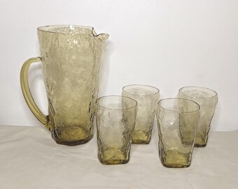 SET - Morgantown Crinkle Textured Glass Pitchers and 4 Glasses - Yellow