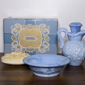 Vintage Avon Victoriana Pitcher and Bowl Soap Set in Box - Blue Swirl