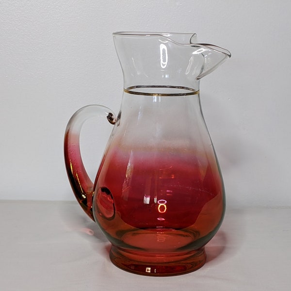 Vintage Glass Blendo Pitcher - Red Clear Gradient with Gold Accents