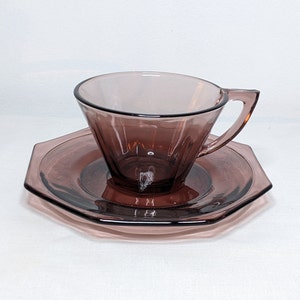 Vintage Glass Hazel Atlas Purple Cup and Saucer Set, Octagonal Shape