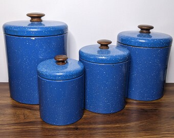 SET of 4 - Ransburg Speckled Blue Enamel Canisters with Wooden Handles