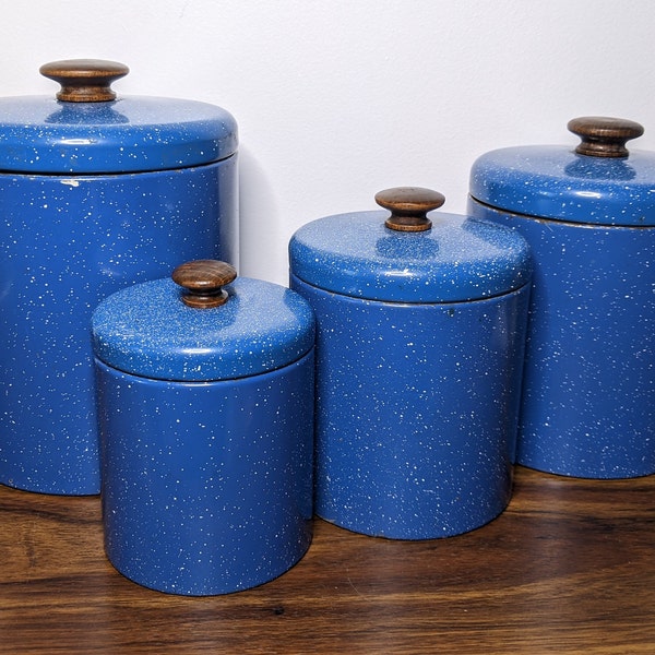 SET of 4 - Ransburg Speckled Blue Enamel Canisters with Wooden Handles