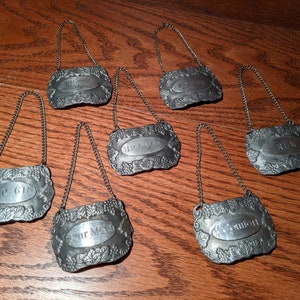 Bacchus Pewter Decanter Labels on Chains Slo-gin, Brandy, Cherry Brandy, Kahlua, Sour Mash, S. Comfort, Rum