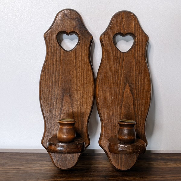 PAIR of Wooden Candleholder Sconces - Heart Shaped Cutout