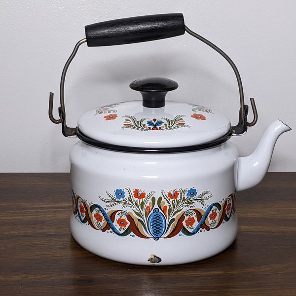 Vintage Enamel Tea Kettle with Lid - Colorful Dutch Farmhouse Aesthetic