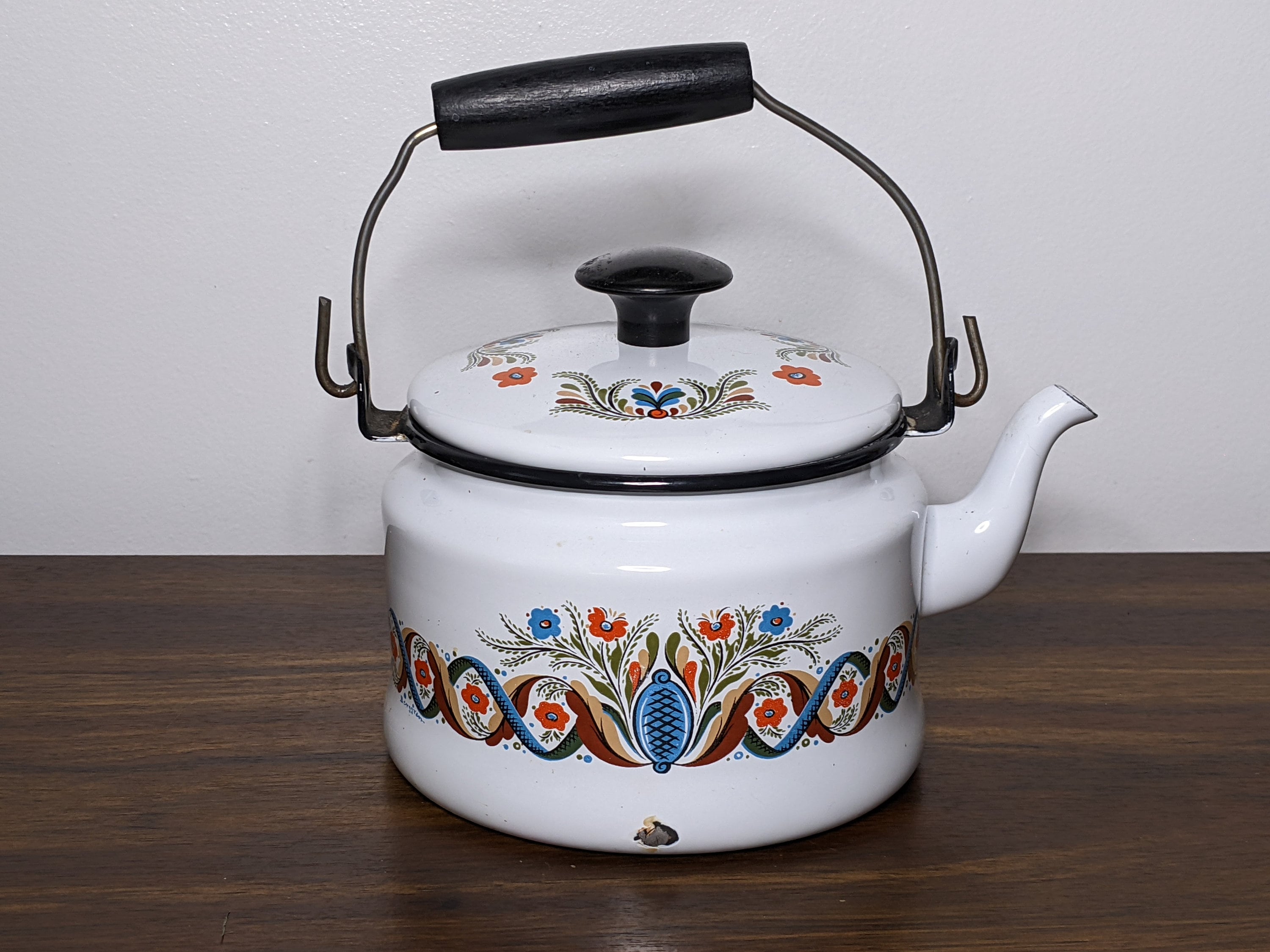 Vintage Enamel Tea Kettle with Lid Colorful Dutch Farmhouse Aesthetic