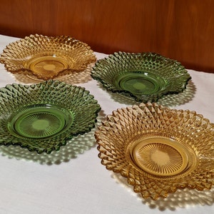 Indiana Glass Diamond Point Ruffled Edge Dishes - Green and Amber