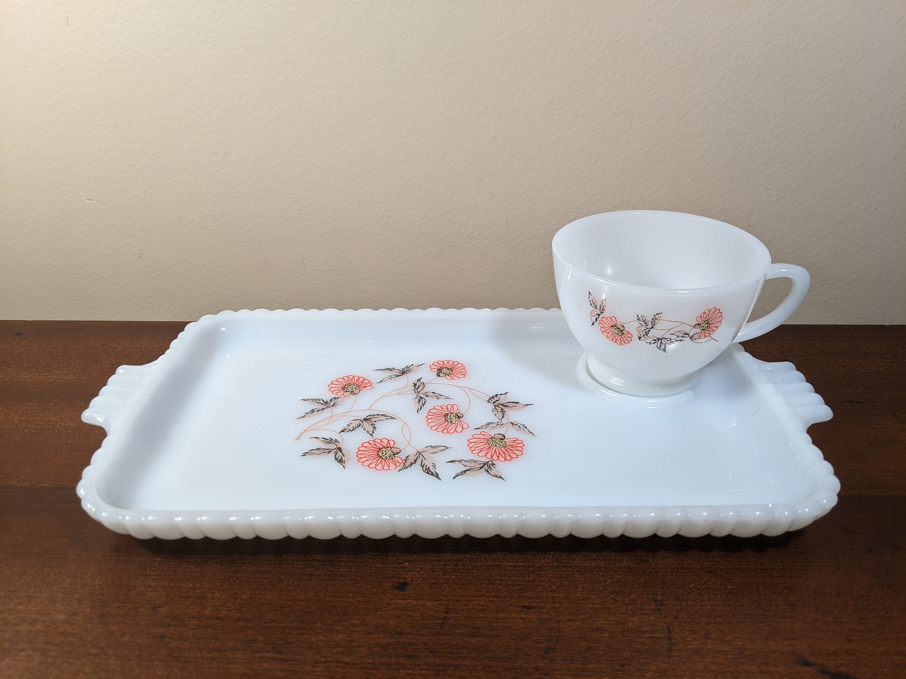 Anchor Hocking Snack Set Tray with Cup Pink Fleurette Design Etsy
