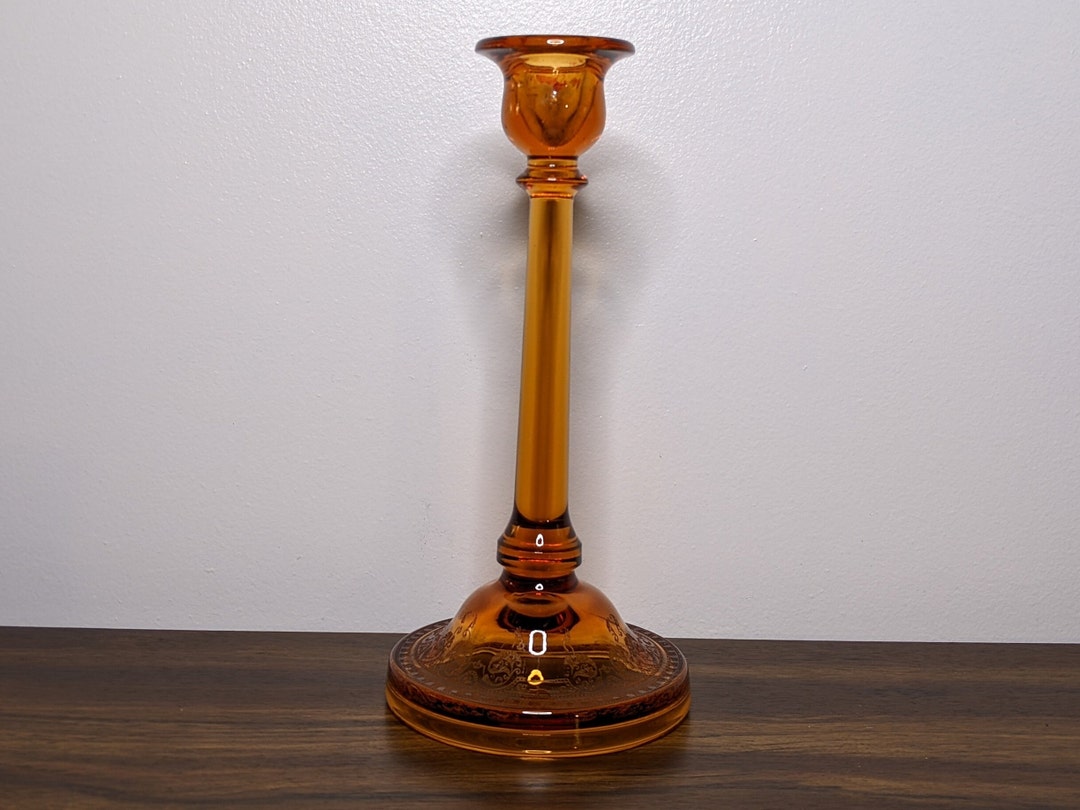 Single Amber Glass Candlestick Holder With Etched Filigree Etsy