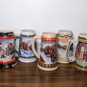 SOLD INDIVIDUALLY Vintage Christmas Collector&#39;s Budweiser Steins, 1992, 1993, 1994, 1996, 1997