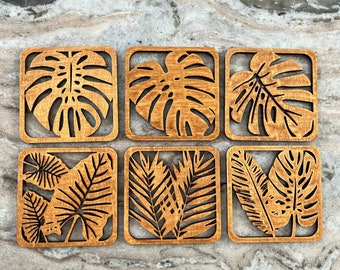 Set of 6 Wood Leaf Pattern Coasters - Monstera Leaf, Taro Leaf, Fern, Banana Leaf