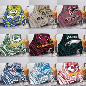 May include: A collage of ten different NFL team blankets. Each blanket features a team logo and name with a tribal pattern background. The teams featured are the Rams, Saints, Falcons, Packers, Cardinals, Eagles, Patriots, Lions, and Chiefs.