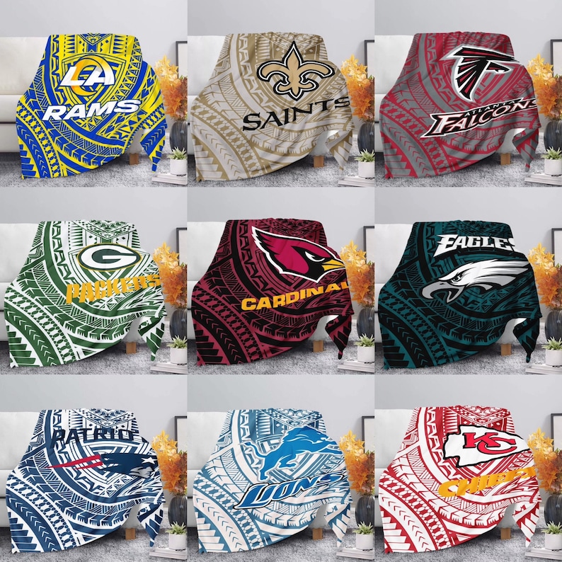 May include: A collage of ten different NFL team blankets. Each blanket features a team logo and name with a tribal pattern background. The teams featured are the Rams, Saints, Falcons, Packers, Cardinals, Eagles, Patriots, Lions, and Chiefs.