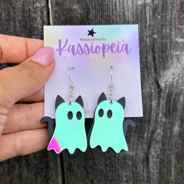 Ghost Cat Earrings: Halloween Iridescent Dangle Earrings
