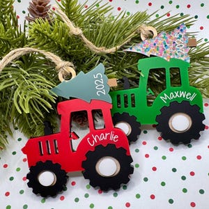 Personalized Tractor Christmas Ornament: Acrylic and Wood, Keepsake Gift
