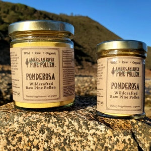 May include: Two glass jars with gold lids filled with yellow powder, labeled "American River Pine Pollen Ponderosa." The jars sit on a rock, with text indicating the product is a dietary supplement, 60 grams and 23 grams.