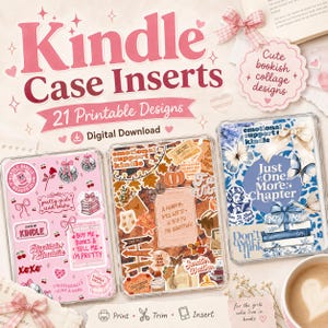May include: Three clear Kindle cases displaying decorative collage inserts. The left case features pink stickers with text like 'Bookish Baddie'. The centre case has autumn-themed stickers. The right case shows blue floral designs with the text 'Just One More Chapter'.