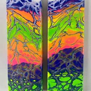 Vibrant NEON Rainbow Colors Original Pair of Wall Hanging Fluid Art Acrylic Pour Painting on Canvas Signed