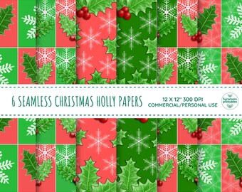 Seamless Christmas Digital Paper Pack, Christmas Holiday Patterns, Christmas Holly Pattern, Digital Paper Pattern