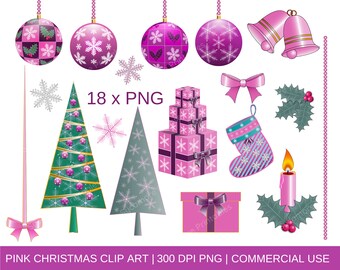 Pink Christmas Clip Art, Christmas Graphics, Commercial Use, Christmas Tree Clip Art, Christmas Candle Clip Art