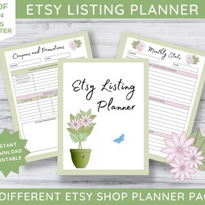 Puede incluir: Un planificador de tienda Etsy imprimible con un diseño floral verde y blanco. El planificador incluye páginas para cupones y promociones, estadísticas mensuales y promociones futuras. El texto "Etsy Listing Planner" está escrito en cursiva en la página de portada.