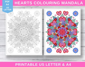 Hearts and Flowers Mandala Colouring Page, Valentine’s Day Colouring Page, Mother's Day, Printable Adult Colouring Page, Personal Use
