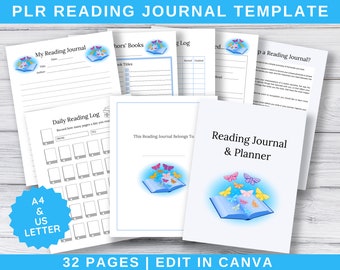 Canva Reading Journal Templates, Commercial PLR License, US Letter, A4, Colour, Black & White, Printable Reading Journal, Reading Challenge