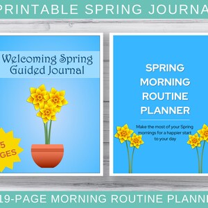 Könnte beinhalten: Zwei druckbare Frühlingsjournale mit blauem Hintergrund. Ein Journal zeigt den Text "Welcoming Spring Guided Journal" und eine Narzissen-Illustration. Das andere Journal lautet "Spring Morning Routine Planner".