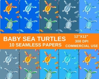 Seamless Sea Turtle Digital Papers, Sea Turtle Pattern, Digital Paper Pattern, Commercial Use, 10 Digital Papers