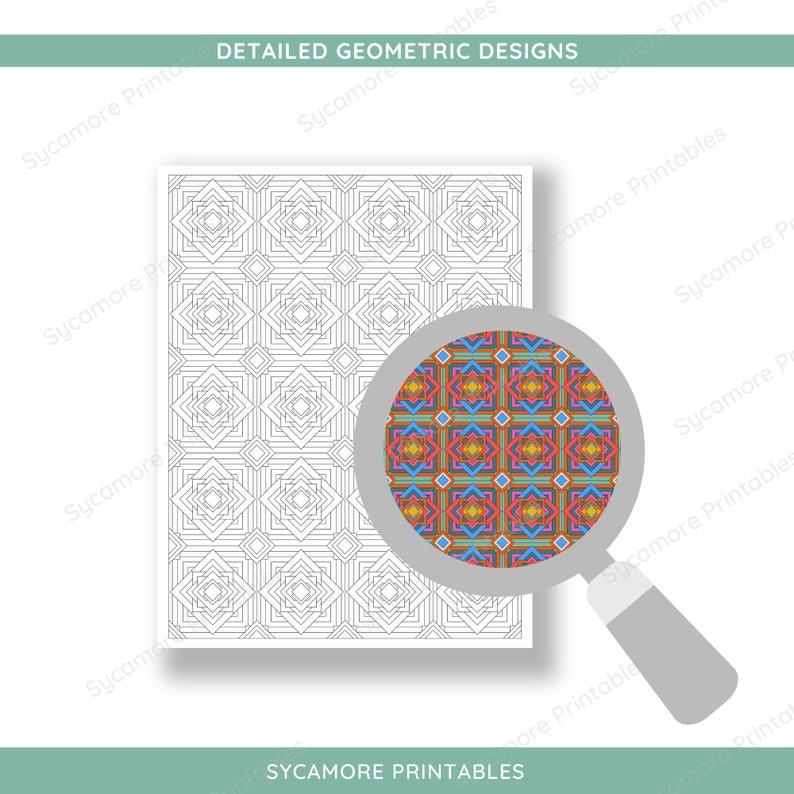 Commercial and personal use geometric pattern colouring pages. PDF and PNG. US Letter size. 300 DPI