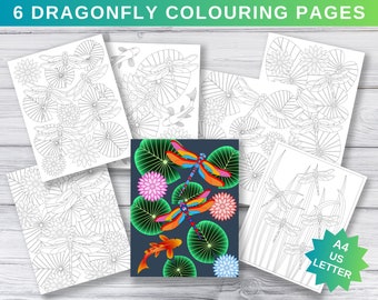 Dragonfly Colouring Pages, Printable Colouring Pages, PDF, US Letter and A4, Personal Use, Dragonfly Colouring Pattern, Fish, Water Lilies