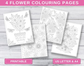 Flower Colouring Pages, Printable Colouring Pages, PDF, US Letter and A4, Personal Use, Floral Colouring Pattern, Bees, Butterflies