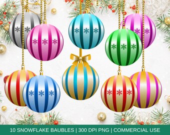 Christmas Baubles Clipart, Christmas Graphics, Snowflake clipart, Digital Christmas Ornaments, Commercial Use, Digital Christmas Balls