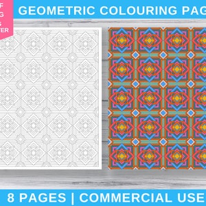 May include: Two geometric colouring pages are shown, one in black and white and the other in colour. The coloured page has a repeating pattern of squares in shades of blue, orange, pink, and yellow. The text at the top reads "GEOMETRIC COLOURING PAGES". The bottom text says "8 PAGES | COMMERCIAL USE".