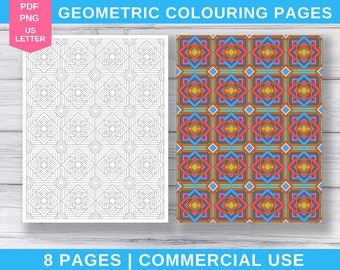 8 Geometric Pattern Colouring Pages, Commercial Use, Printable Colouring Pages