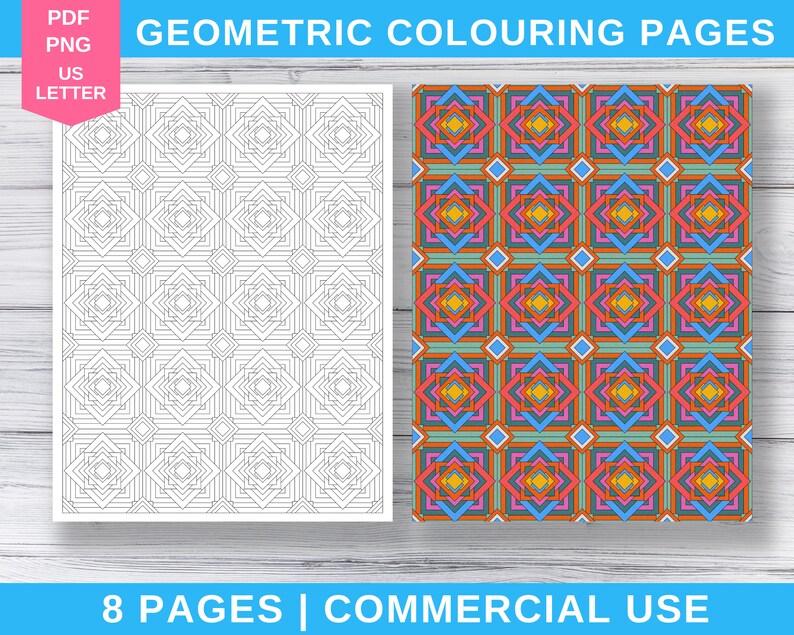 Commercial and personal use geometric pattern colouring pages. PDF and PNG. US Letter size.