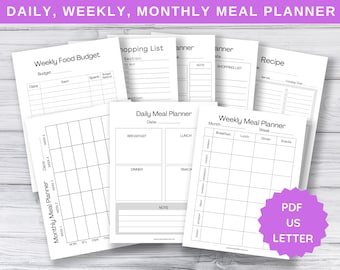 Printable Menu Planner, Daily Weekly Monthly Menu Planner, Landscape Menu Planner, Grocery List, US Letter, Weekly Food Budget, Recipe Card