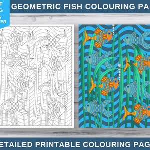 May include: Two printable coloring pages featuring geometric fish designs. One page is a black and white line drawing, and the other is a colored illustration with blue, orange, and green fish. The text at the top reads "GEOMETRIC FISH COLOURING PAGES". The bottom text says "8 DETAILED PRINTABLE COLOURING PAGES".