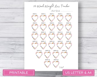 Printable weight loss tracker, 26 Week Weight Loss Tracker, Weight Loss Chart, Weekly Weigh In Tracker, US Letter and A4