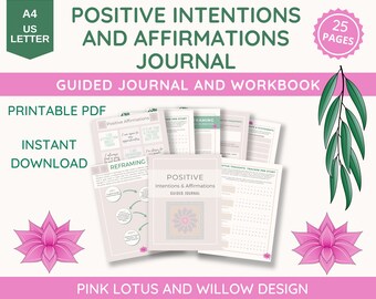 Printable Affirmations Guided Journal, Positive Intentions and Affirmations Journal, Pink Lotus, PDF Worksheets,