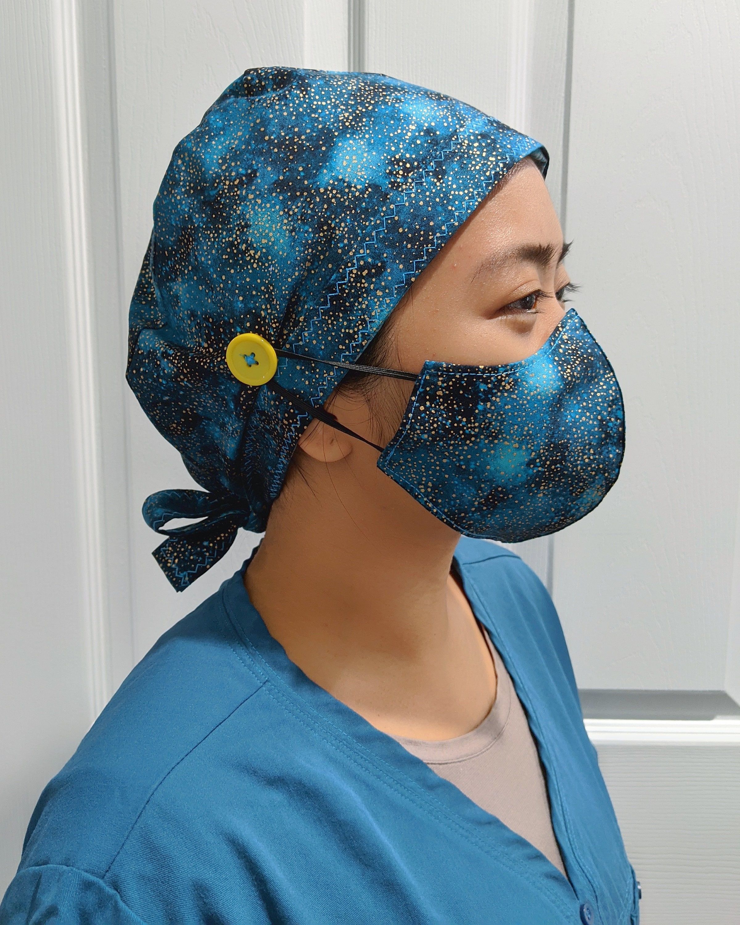 Blue Surgical Scrub Caps with Buttons for Face Masks Etsy