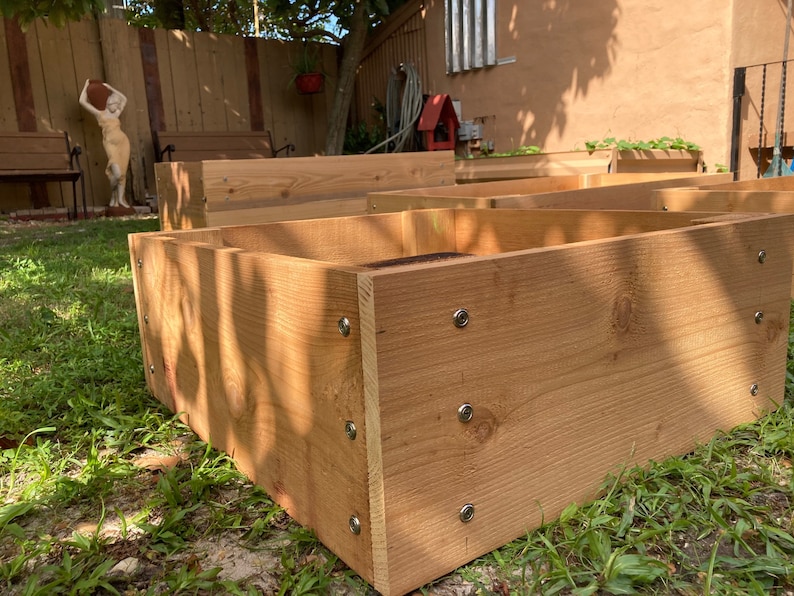 May include: A close-up of a wooden raised garden bed made of cedar planks. The bed is assembled with screws and has a natural wood finish.