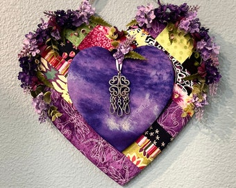 Heart Wall Hanging: Scrappy Quilted Double Heart Textile Art & Floral Décor, Flower Border, Beads and Jeweled Pendant, Valentine's Day