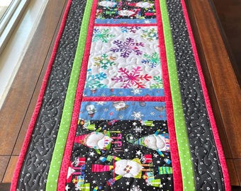 Christmas Table Runner: Quilted 78" Bright Gnome Santas & Snowflakes, Reversible to Holly and Berries